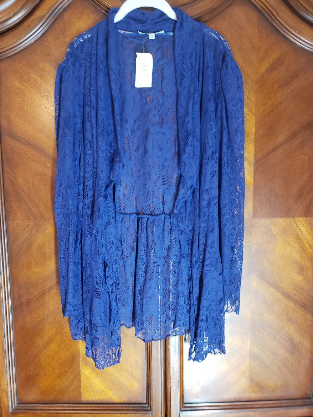 Kate & Mallory Blue Lace Open Draped Waterfall Front Cardigan